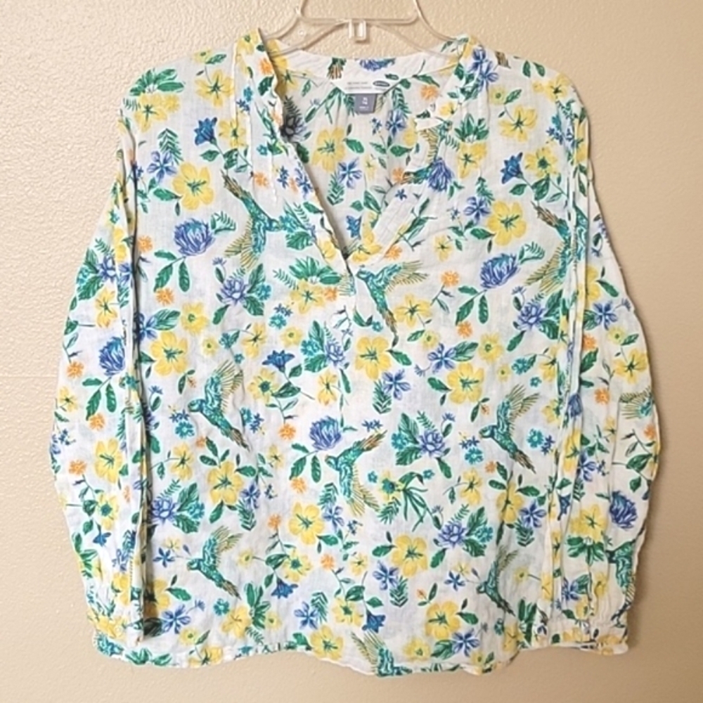 Old Navy Linen Blend Tropical Bird Print Popover Blouse - Size XL